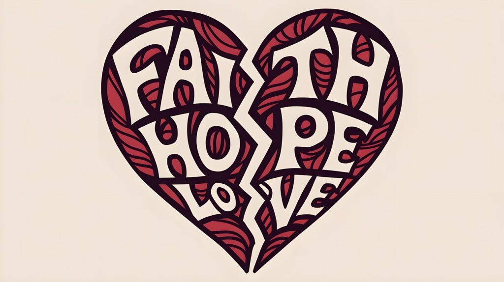 broken heart with faith, love, hope